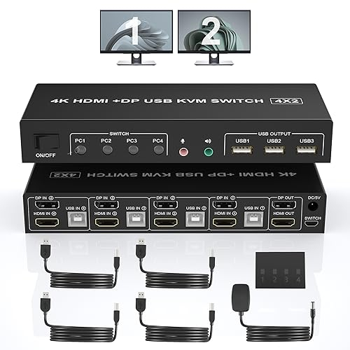 Displayport+HDMI Dual Monitore KVM Switch für 4 PCs, 4K 60Hz KVM Switch 4 PC 2 Monitore, mit Audio Mikrofon Ausgang und 3 USB 3.0 Ports, Dual Monitor KVM Switch HDMI Displayport 4 Port