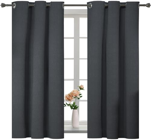 YSTELLAA 100% Gardinen Blickdicht 2er Set, 117×137cm,Thermovorhang Leinenoptik Kälteschutz, Schallschutz Gardinen Mit Ösen, Verdunklungsvorhänge Wohnzimmer, Schlafzimmer, Grau