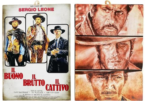 KUSTOM ART 2 Bilder im Vintage-Stil Serie Clint Eastwood Schauspieler Clint Eastwood und Poster Film II Gut, das Hässliche, der Schlechte Druck auf Holz 25 x 18 cm.