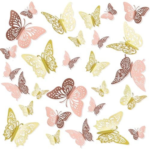 Schmetterlinge Deko,Schmetterling,72 Stück Deko Schmetterlinge,Deko 1.Geburtstag Mädchen,Tortenaufleger Geburtstag,Goldene Deko,Kinder Wandtattoo Wanddekoration Sticker (Rosa Silber Gold)