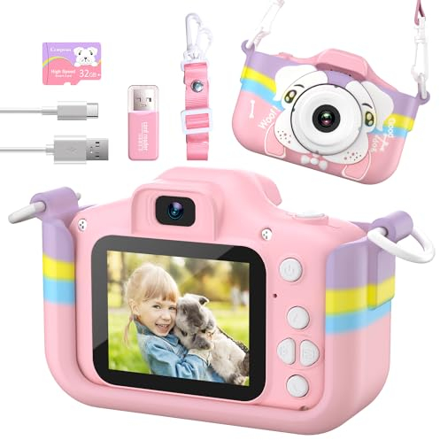 Kinderkamera, Cewpuno Kinder Kamera,Digitalkamera Kinder 1080P FHD Anti-Drop Fotoapparat Kinder für 3-12 Jahre Jungen und Mädchen Geburtstag Weihnachten Spielzeug (Rosa)
