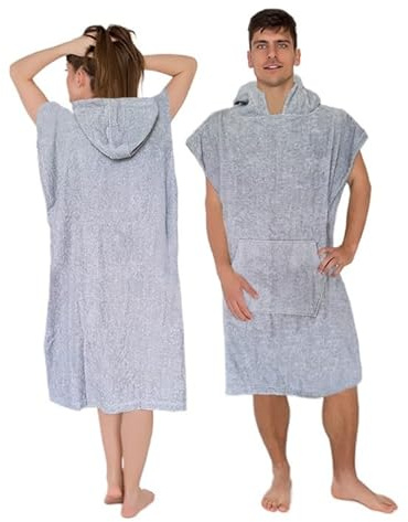 Tuva Home Badeponcho Damen und Herren | Einheitsgröße | Baumwollfrottee Umziehponcho mit Kapuze | Handtuch Poncho Erwachsene mit Tasche | Strandponcho für Schwim und Surf (Grau)