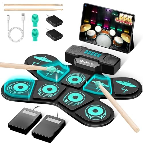 CAHAYA Set Batteria Elettronica Portatile: Tamburo Elettronico Portatili con 9 Pad Altoparlanti Incorporati Bacchette per Batteria Pedal Regalo per Principianti