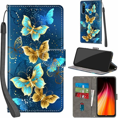 Haninsuze Cover per Xiaomi Redmi Note 8 2021, farfalla dorata | Pelle PU Portafoglio, Porta Carte, Magnetica, Libro, Antiurto Custodia