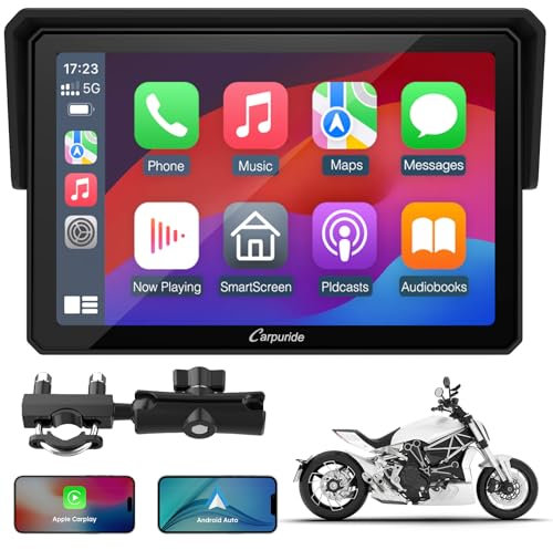 Pantalla Moto Carpuride W502, 5 IPS Táctil IP67 Impermeable, CarPlay & Android Auto Inalámbricos, GPS, Control por Voz Siri/Asistente Google, Dual Bluetooth, Soporte Ajustable Manillar
