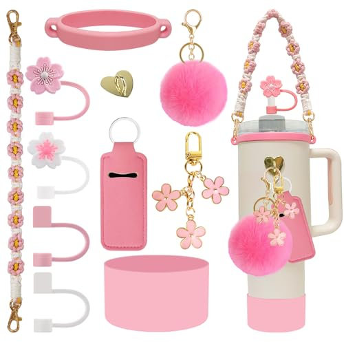 Velaco 11 PCS Accessories for Stanley Cup, Water Bottle Handle Strap for Stanley 30/40 oz tumbler with handle, including Straw Toppers, Silicone Cup Boot, Keychain Charms - PINK
