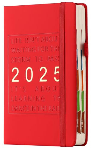 Kalender 2025, A5, Seite pro Tag von Januar bis Dezember, Tagesplaner für das ganze Jahr mit bunten monatlichen Registern, Hardcover, akademischer Terminplaner 2025 mit Innentasche, Lesezeichen (rot)