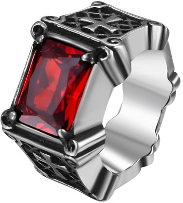 JewelryWe Kreuz Ring Herren Siegelring: Vintage Edelstahl Herren-Ring mit rotem rechteckigen Onyx Achat Punk Gothic Fingerring Bandring Biker Ring Band für Vater Männer Größe 59