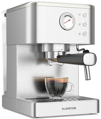 Klarstein SteelPresso Siebträgermaschine – 20-Bar, 1350 W, Edelstahl, Dampf-Funktion, 1,5-L-Wassertank, Kompaktes Design, Mechanische Steuerung, Warmhalteplatte