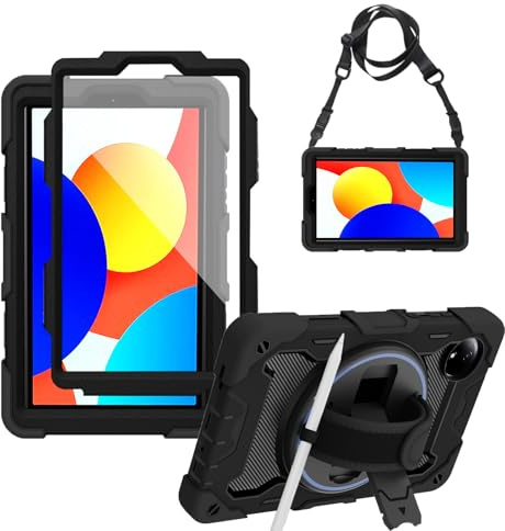 zenrich Coque pour Redmi Pad SE 8,7 Pouces 2024 avec Protecteur d'écran | Étui de Protection Antichoc Silicone Armure avec 360° Support Rotative, Dragonne, Bandoulière (Noir)