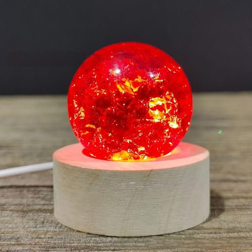FIYSON 3D Kristallkugel Nachtlicht,USB 40mm GlasKugel Atmosphärenlicht,Farbige Eis gebrochen LED Ball Lampe,Mit Holzsockel,Projektorlicht für Weihnachten/Geburtstag Astronomie Geschenk (Rot)
