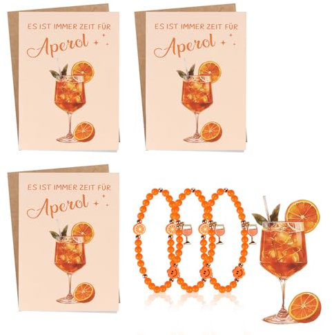 TUZELIYA Aperol Geschenke Frau - inkl. 3 Aperol Armbänder und 3 Grußkarten(Klappkarte mit Umschlag) - Es ist immer Zeit für Aperol - Aperol Deko für Aperol-Liebhaber zu Geburtstag und Party