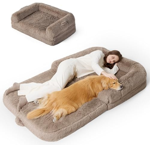 Bedsure Faltbares Hundebett, 2-in-1, flexibles riesiges Hundebett für erwachsene Menschen, mit stützender Nackenrolle, Eierschaum, wasserdichtes Futter, beruhigendes, flauschiges Kunstfell