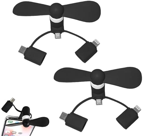 2pcs Mini-Handy-Lüfter,3 in 1 Mini-Handy-Ventilator,Tragbarer USB Lüfter,Tragbarer Kühler Rotierender Ventilator,USB Ventilator Klein Leise,für Android-Telefone/Type-C-Telefone,Schwarz