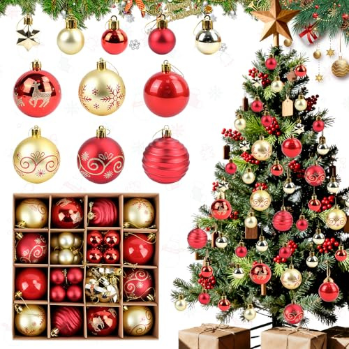 44 PCS Christmas Baubles, Gold and Red Christmas Tree Decorations, Shatterproof Plastic Baubles Christ-mas Decorations For Holiday Party Festival Wedding Decors Home Decor