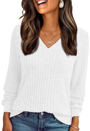Haslike Camisetas elegantes de manga larga acanaladas con cuello en V para mujer, camisetas tipo túnica de ajuste holgado