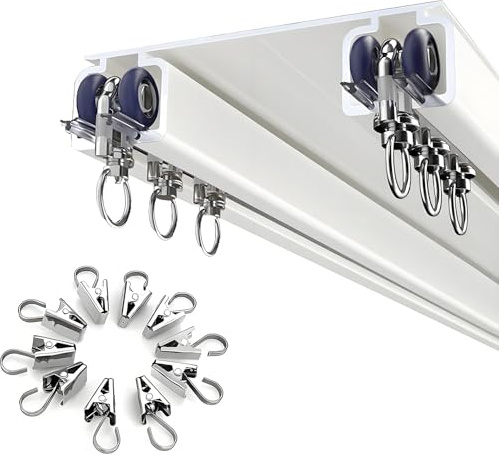 Gardinenschiene 2 Läufig Deckenmontage Alu, 50cm-600cm Doppelläufige Vorhangschiene mit Leiser Gleitfunktion für Wohnzimmer Schlafzimmer Vorhänge(White,450cm)