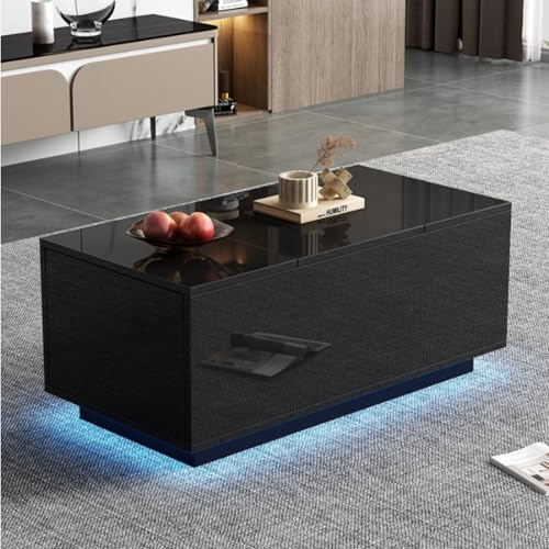LORISMAI Couchtisch mit Hebeplatte, höhenverstellbar ausziehbar, Lift-Top-Tisch. Wohnzimmertisch mit 2 Schubladen, Sofatisch mit LED,Multifunktionaler Lift-up-Kaffeetisch,Schwarz