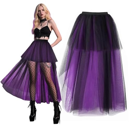LUKIUP Jupe Tulle Femme Avant Court Arrière Longue, Jupe Tulle Asymétrique Tutu Multi Robe Tulle pour Soirée Spectacle Festival Carnaval Halloween Noir et Violet