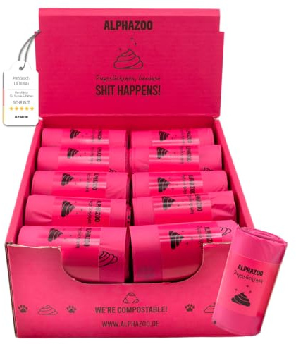 alphazoo Sacchetti per escrementi per bambole, 600 pezzi, rosa, biodegradabili, compostabili, antistrappo, a prova di perdite, antiodore, ecologici, 30 sacchetti per rotolo