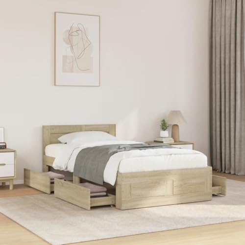 QJBSAVVA Bettgestell Sonoma-Eiche 90x200 cm mit Kopfteil & Stauraum Schubladen Massiver Holzwerkstoff Lattenrost Komfortabel für Gästezimmer Jugendzimmer
