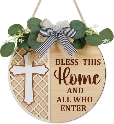 TOARTi Jesus Cross Front Door Wreath Bless This Home Wall Art Sign 11.5in