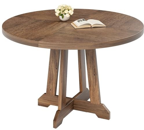 Crevyteg Runder Esstisch für 4–6 Personen, Ø122 cm Küchentisch im Bauernhaus Stil, Esszimmertisch mit Stabilem Kreuzförmige Holzsockel für Esszimmer, Küche, Homeoffice, Eiche, 122x122x76cm, Nur Tisch