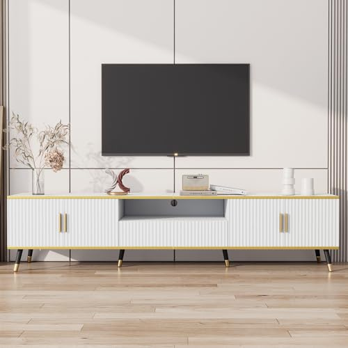 FammyLoft Modern TV Stand, 90 Inch TV Cabinet Storage Sideboard with 4 Doors & 1 Drawers, TV Entertainment Center with Marble Texture for Living Room, Bedroom, 200 * 40 * 46cm, White
