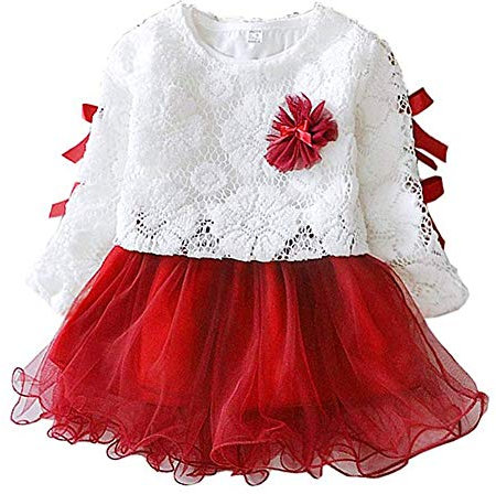 Baby Mädchen Spitzenrock Langarm süßer Bogen Prinzessin Kleid Frühling und Herbst für Kindergarten Zuhause Hochzeit Zeremonie Geburtstag und Täglichen Gebrauch(Red, 80cm)