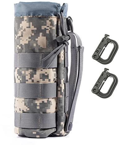 Upgraded Sports Water Bottles Pouch Bag, Tactical Drawstring Molle Holder, Travel Mesh Hydration Carrier (ACU Camo-1Pack)