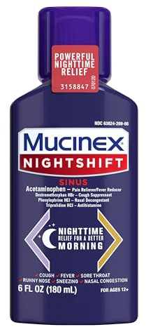 Mucinex Nightshift Sinus, Cold And Flu Cough Medicine For Adults, Powerful Nighttime Sinus Medicine For Sinus Relief, Sore Throat Relief, Cough Suppressant & Nasal Decongestant For Adults, 6 Fl Oz