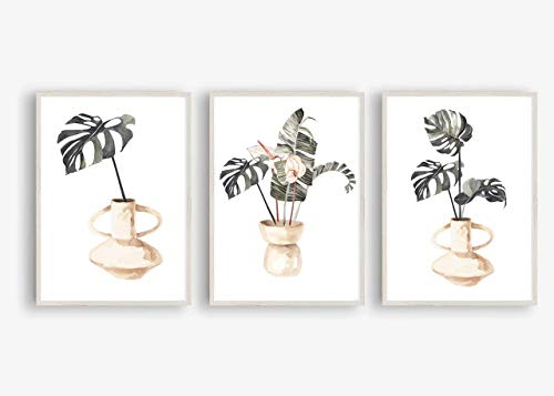 Kunstdruck 3-teilig Din A4 ungerahmt - Aquarell Monstera Fensterblatt Terracotta Vasen Stilleben Toskana Druck Poster Bild