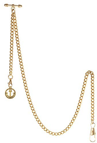 TREEWETO Taschenuhrkette mit T Bar Endstück Albert T-Bar Taschenuhr Kette mit Antiker Anker-Anhänger und 2 Haken für Weste Knopfloch Gold