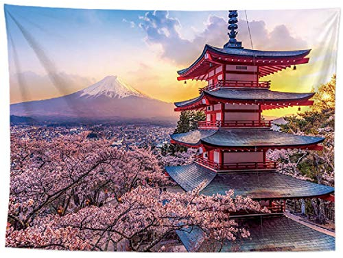 izielad Tapisserie Japonaise tenture Murale tapisseries pagode du Japon MT Fuji au Printemps Fleurs de Cerisier Art Tapisserie pour dortoir Chambre Salon décoration de la Maison 180X230CM 70.8X90.5IN