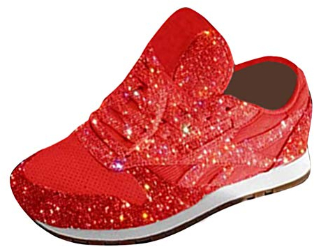 shownicer Damen Sneaker Pailletten Glitzer Flach Schuhe Freizeit Schnürer Sportschuhe Glänzende Schuhe Laufschuhe Sneaker Rot 40 EU