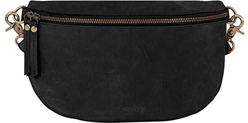 HOLZRICHTER Berlin - Große Bauchtasche aus Leder für Damen, 14 x 28 x 7 cm, Vintage Gürteltasche, Handgefertigte Hüfttasche, Premium Accessoire in Schwarz-Anthrazit, No 2-2