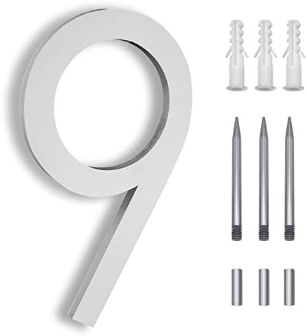 8 Inch Floating House Numbers, Address Numbers for Outside, Metal Silver Large Modern House Numbers, Door Numbers for Mount Aluminum Silver Number 9