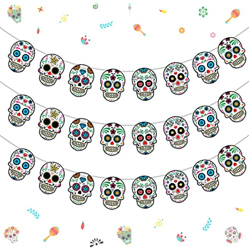 3 Stück Tag der Toten Girlanden, Dia De Los Muertos Banner Dekorationen, Sugar Skull Supplies für mexikanische Todestag Fiesta Karneval Party