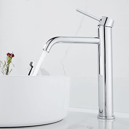 Maynosi Waschtischarmatur Hoch, Armatur mit Auslauf Höhe 195 mm, ohne Ablaufgarnitur, Wasserhahn Bad mit Flexiblen Schläuchen, Modernes Minimalistisches Design, Mattschwarz, Chrom