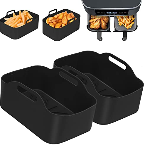 2 ollas de silicona para freidora de aire dual Ninjas, cesta de silicona para freidora de aire doble, accesorios para freidora de aire, horno y microondas, cesta de silicona reutilizable para hornear