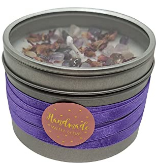 Duftkerze Rose mit Amethyst Edelsteinen und echten Rosenblüten aus 100% natürlichem Sojawachs