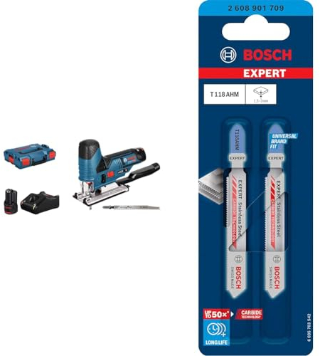Scie Sauteuse GST 12V-70 2x3,0 Ah LB + Bosch Professional 3x Lames de scie sauteuse Expert 'Stainless Steel' T 118 AHM (pour Tôles en acier inoxydable, Longueur 83 mm, Accessoire Scie sauteuse)