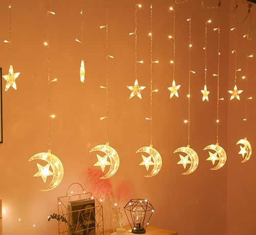 126 LED Stern Mond Vorhang String Lichter, Fenster Vorhang Lichter mit 8 blinkenden Modi Ramadan Dekoration Weihnachtshochzeit, Party, Haus, Patio Rasen Dekorationen (Warmweiß)