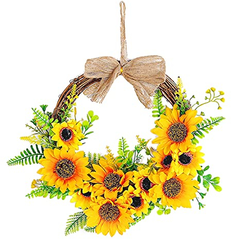 Künstlicher Blumenkranz Sommer Türkranz - Kunstblumen Sonnenblumen Kranz für Sommer Frühling Ganzjährig Deko, Sommerkranz Willkommenszeichen für Haustür Zuhause Bienenfestival Dekor (Stil B)