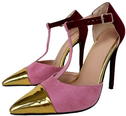 Frankie Hsu Scarpe da sposa sexy con tacco alto, con fibbia in vernice color oro rosa bordeaux, taglia grande US4-14 con cinturino a T, per donne e uomini, Rosa, 40.5 EU