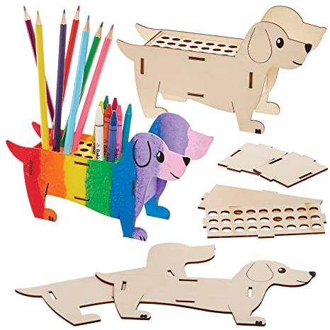 Baker Ross FX689 Wursthund - 3er-Packung Stifte- und Buntstifthalter aus Holz, Holzbastelsets für Kinder