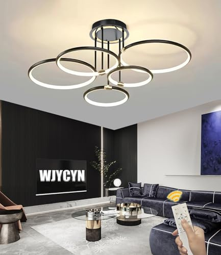 WJYCYN Moderne Dimmbar LED Deckenleuchte Schwarz Ring Deckenlampe mit Fernbedienung Metall Acryl Runde Kronleuchter Wohnzimmer Küche Schlafzimmer Büro Esszimmer Dekoration Beleuchtung Schwarz, 5 Ring