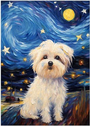 Starry Night Maltese Dog Jigsaw Puzzle 300/500/1000 Piece (1000pc (50×75cm))