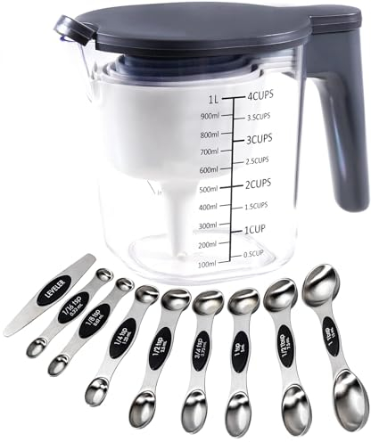 Recogwood 19 Pieces Measuring Cups and Spoons Set, Includes 10 Stackable Measuring Cup with Lid and 9 Magnetic Measuring Spoons, Tablespoon for Liquid and Dry, BPA Free, Dishwasher Safe (Black)
