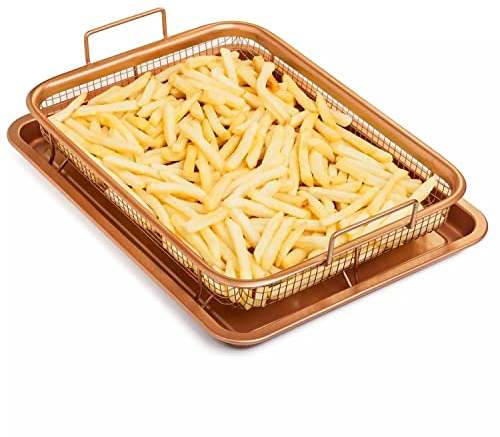 Copper Crisper Tray Non-Stick Oven Baking Tray with Elevated Mesh Crisping Grill Basket 2 Piece Set